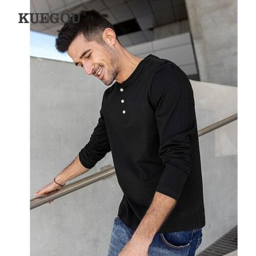 KUEGOU 2021 Autumn 100% Cotton Henry Collar Button Embroidery White T Shirt Men Brand Long Sleeve T-Shirt For Male Tee Top 88025