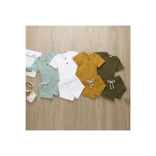 2021 New Child Girls Boys Clothes Short Sleeve Solid Color Ribbed Top T-shirt Shorts Clothes