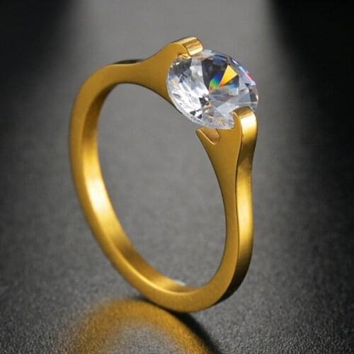 Valentines Day Gift Gold Color Big Cubic Zircon Crystal Rings Wedding Stainless Steel Jewelry Ring for Women Girl Party