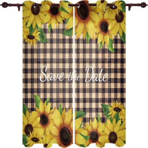 Sunflower Leaves Checkered Retro Modern Curtains for Living Room Luxury Window Treatments Bedroom Kitchen Curtains Drapes