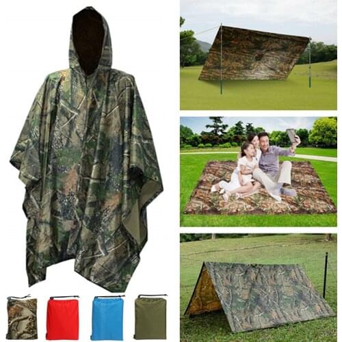 3 In 1 Hiking Poncho Rain Coat Backpack Waterproof Tarp with Hood Hunting Poncho Outdoor Camping Tent Mat Awning Shelter