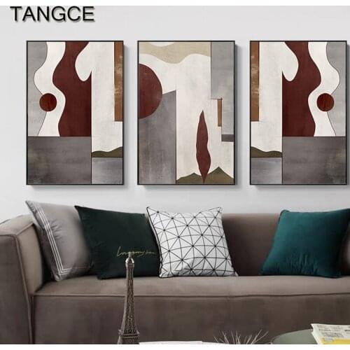 Nordic Gray Color Block Geometric Posters and Prints Abstract Red Canvas Painting Minimalist Wall Art Pictures for Living Room