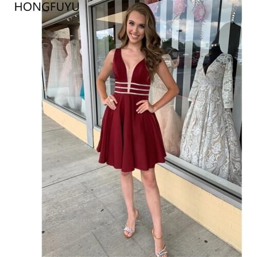 HONGFUYU A Line Deep V Neck Short Burgundy Homecoming Prom Dresses With Beading sukienki koktajlowe Chiffon Cocktail Party Dress