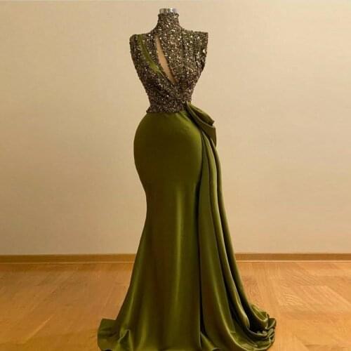 Modest Olive Green Mermaid Evening Dresses 2021 High Collar Sequin Beaded Long Evening Gowns Real Image Formal Party Dress