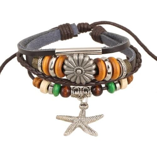 Vintage Retro Fashion Flower Leather Bracelet Multi-layer Alloy Starfish Beads Charms Weave Wrap Bangle Wristbands Women Jewelry