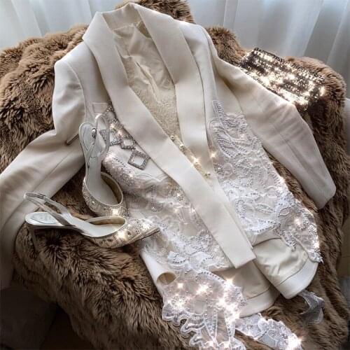 Vintage Lace beaded white small suit women spring autumn fashion stitching mesh long-sleeved slim blazer