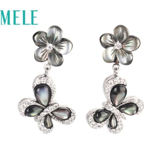 High quality black shell dangle earrings for women,Plum blossoms and butterflies shape with 925 sterling silver charming jewelry