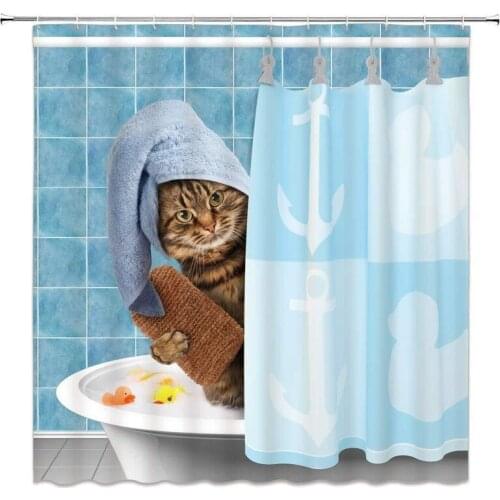Cat Bathing Bathroom Shower Curtain Waterproof Fabric With 12 Hooks 180*180cm Creative Personality Shower Curtain