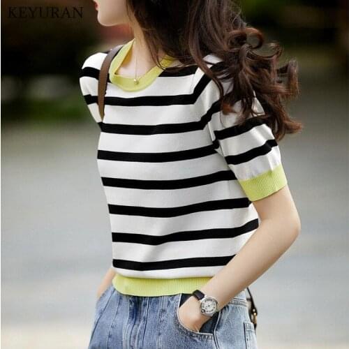 Women T-Shirt 2021 New Summer Ice Silk Striped Rib Knitted T Shirts Ladies Contrast Color Thin O Neck Short Sleeve Knitwear Tops