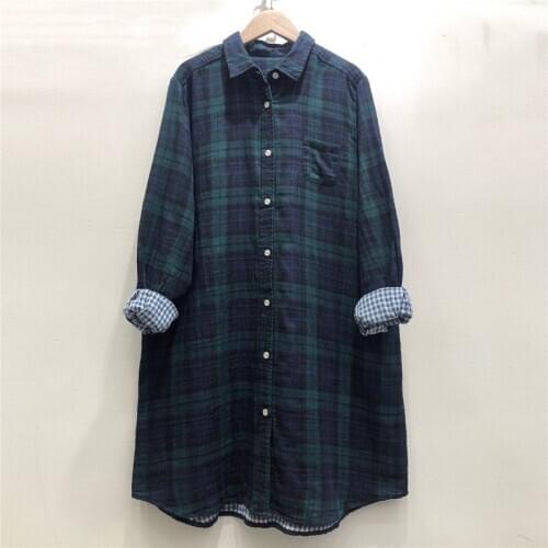 Johnature Japanese cotton shirt long restoring ancient ways women fall 2021 new basic double-layer gauze long in the green shirt