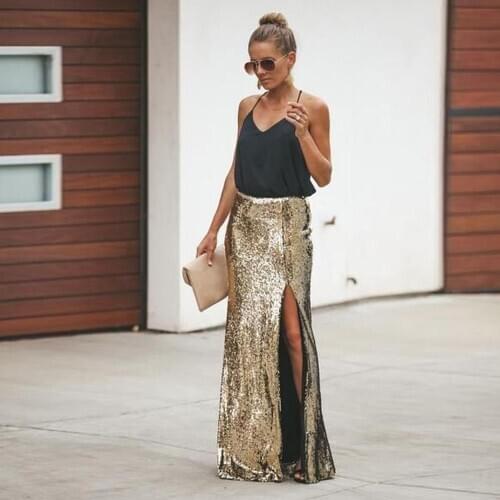 Sparkle Gold Sequined Mermaid Women Skirts Side Split Zipper Long Female Skirt Custom Made Fashion Saias