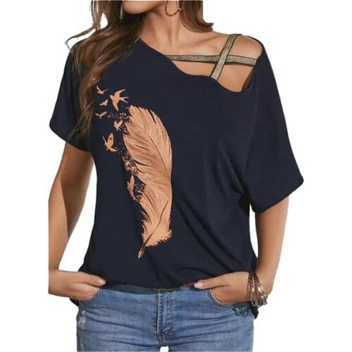 Women Casual Feather Print Tops One Shoulder Hollow Up Bandage Cotton T Shirt Casual Loose Fashion Tshirt Poleras Mujer #PY