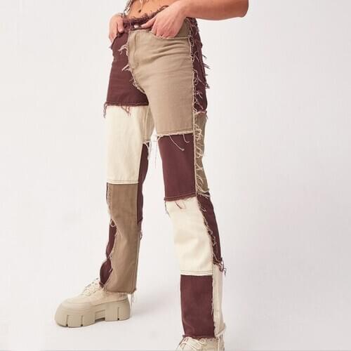 2021 New Women Patchwork High Waist Straight Leg Pants Outfits Jeans Color Block Trousers Sexy Brown Contrast Stitch Pants