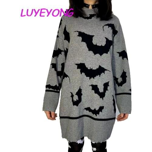 Lady Cool Long Contrast Color Goth O Neck Knitted Ripped Top Women Gothic Bat Dark Gray Pullover Sweater Dress 2021 Thick Winter