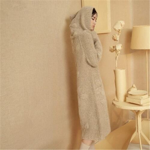 100% hand made wool jacquard knit women fashion hooded long sweater dress white 6color retail wholesale customized