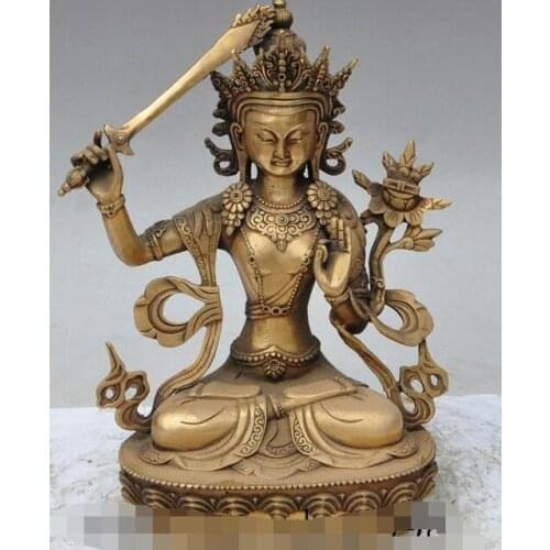 11"tibet buddhism fane brass Manjusri Bodhisattva Kwan-yin GuanYin buddha statue