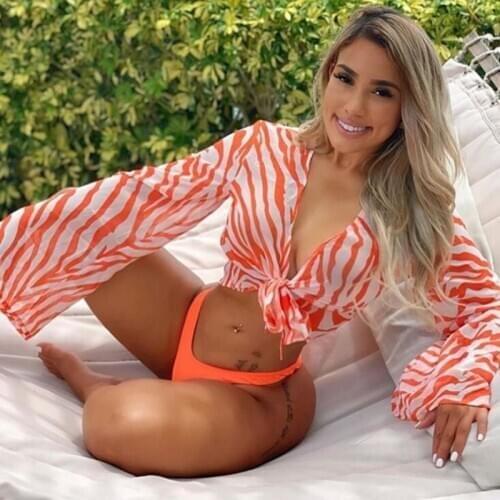 2020 Sexy Three Pieces Bikini Set Bell Sleeve Bikini Cover Up Swimwear Women Swimsuit Print Bathing Suit Beachwear Swimming Suit