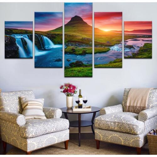 5pcs HD inkjet canvas painting printing grassland sunset waterfall landscape group home decoration wall picture for the living