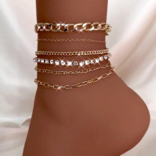 6pc/set Trendy Simple Gold Color Cuban Link Anklets For Women Multilayer Metal Leg Chains Shiny Tennis Ankle Chain Beach Jewelry