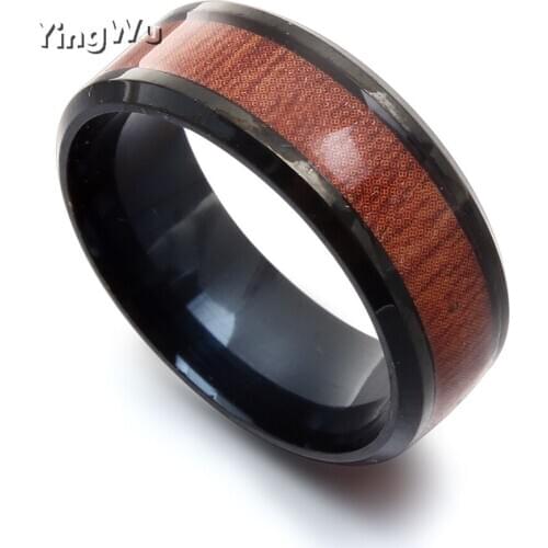 8mm Band Ring Stainless Steel Wood Ring Mens Stainless Steel Finger Ring Inlaid Size 7-11