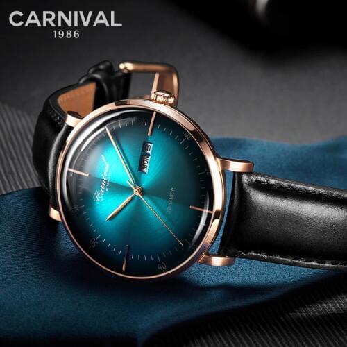 CARNIVAL Fashion Ultra thin Mechanical Watch Men Automatic Watch import MIYOTA Movement Leather Band Calendar Week Sapphire Watc