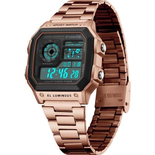 RGTOPONE Women Men Steel Strap Rose Gold Electronic Watch Swimming Waterproof Multi-function Student Digital Wrist Watch Fitness