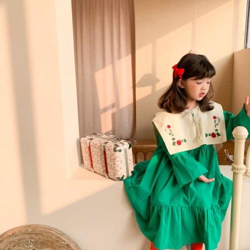 Embroidery Flower Dresses for Children Girls 2021 Spring Korean Infant Cute Dress Baby Childrens Embroidery Large Lapel Dress