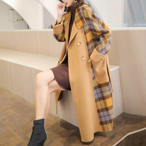 Double-sided cashmere coat female new long winter 2020 over-the-knee stitching loose grid cloth coat