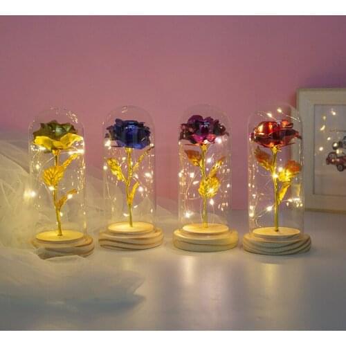 Galaxy Rose Flashing Flowers Beauty And The Beast Red Rose With LED Light In Glass Dome For Wedding Party Decoration