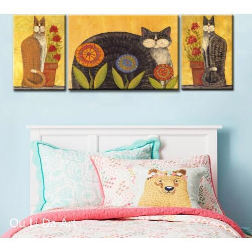 No frame cartoon cute cartoon cat flower canvas printings oil painting printed on canvas Kid room wall art decoration picture