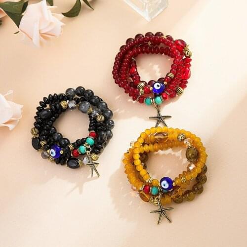 3 sets Fashion Boho Bracelets & Bangles Women Stone Beaded Bracelet Set With Colorful Sea star Long Wrap Bracelet for Women Jew