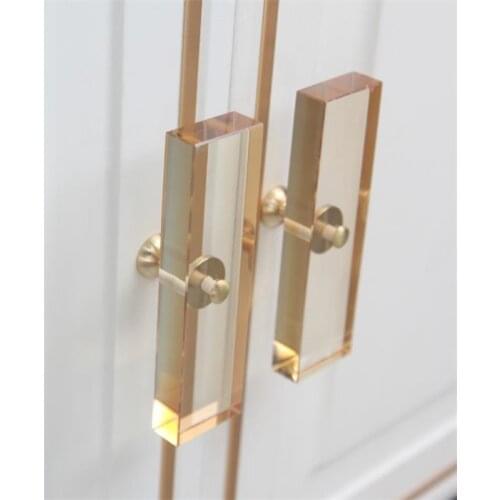 LCH Top Quality K9 Crystal Glass Square Champagine Gold Light Amber Cabine Handle Solid Brass Modern Style Clear Door Knob Pull