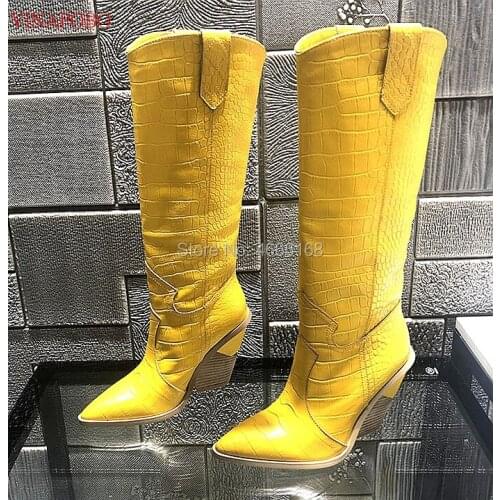 Fashion Embossed snake print Leather Women knee high Boots Toe Western Cowboy Boots Chunky High Heels Motorcycle Boots size 43