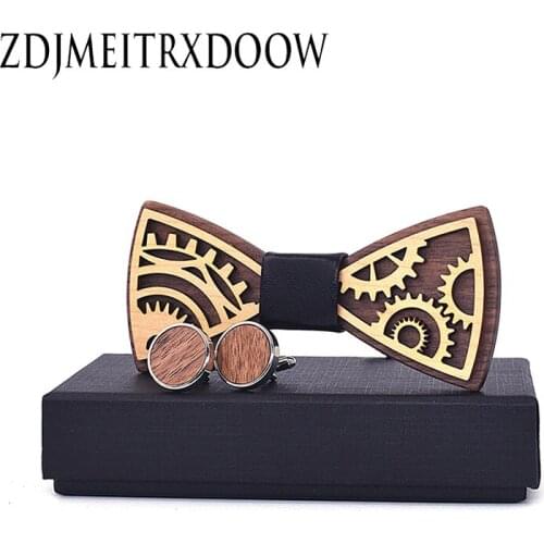 Fashion Mens Handmade Handkerchiefs Wood and Cufflinks Wooden Bow Tie Pre-tied Bowtie for Wedding Party Wood Gift Box