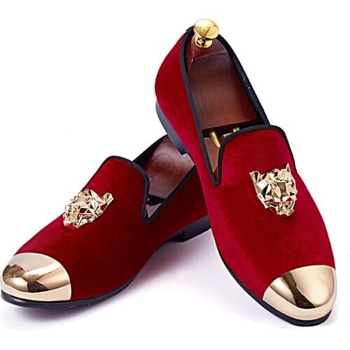 Harpelunde Animal Buckle Men Wedding Shoes Red Velvet Slippers Gold Cap Toe Loafer Shoes Size 6-14
