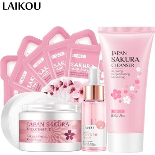 Face Skin Care Set Cherry Blossom Essence Moisturizing Facial Cleanser&Facial Mud Mask & Whitening Face Serum & Anti-aging Cream