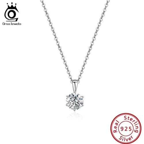 ORSA JEWELS Classic Round Shape Pendant Necklaces for Women Clear Cubic Zircon 925 Sterling Silver Fashion Jewelry SN278