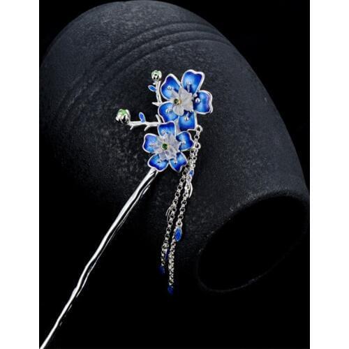 925 Sterling Silver Hair Stick Tassel Cloisonne Enamel Jewelry Luxury Step Shake Hanfu Hair Accessory Flower Sticks Chinese