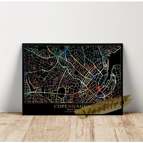 World Map Crosswise Poster, Color Copenhagen Geography Location Wall Art, Denmark Capital Wall Picture, Copenhagen Line Prints