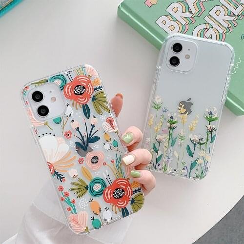 Luxury Flower Shockproof Bumper Transparent Phone Case For iphone 12 11 Pro X XR XS Max 7 8 Plus Clear Soft Floral Back Cover