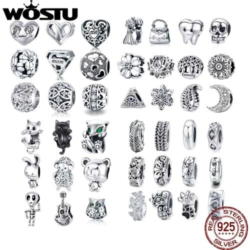 WOSTU Authentic 925 Sterling Silver Flower Plane Cat Life Tree Beads Charms Pendant Fit Bracelets Women Fashion DIY Jewelry Gift