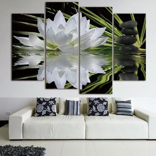 Modern Canvas Living Room Pictures Home Decor 4 Panel White Lotus Flowers Painting Wall Art Modular Poster Frame HD Printed