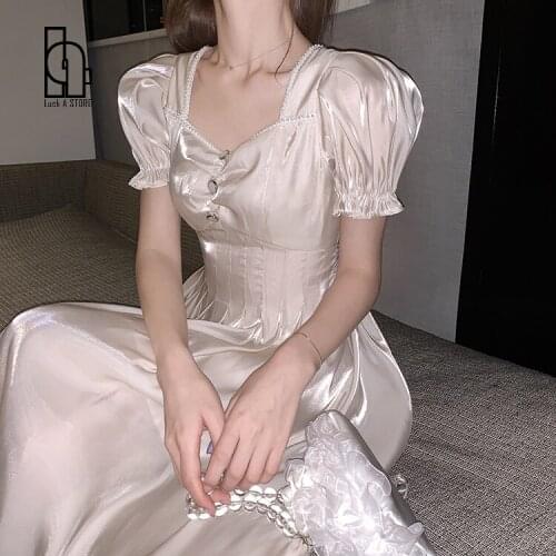 Luck A Summer Women Sweet Square Collar Puff Sleeve Lace-up Ruffles Fairy Dress Female Elegant Party Pearlescent Swing Dress