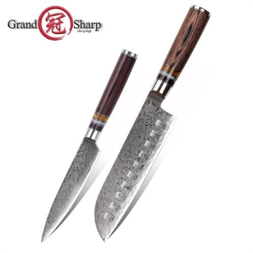 Grandsharp 2 Pcs Damascus Knife Set Santoku Utility Knives 67 Layers Japanese vg10 Damascus Stainless Steel Kitchen Knives Gift