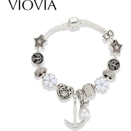 VIOVIA Pearl Anchor Authentic Silver Plated Bead Charm Bracelet Beads Charm Bracelets Fits Brand DIY Bracelets & Bangles B16166