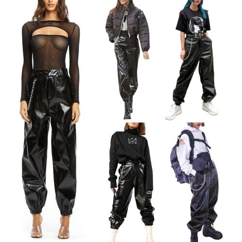 Women Solid Color Trousers with Pockets,Female PU Leather Loose Fit Middle Waist Long Pants