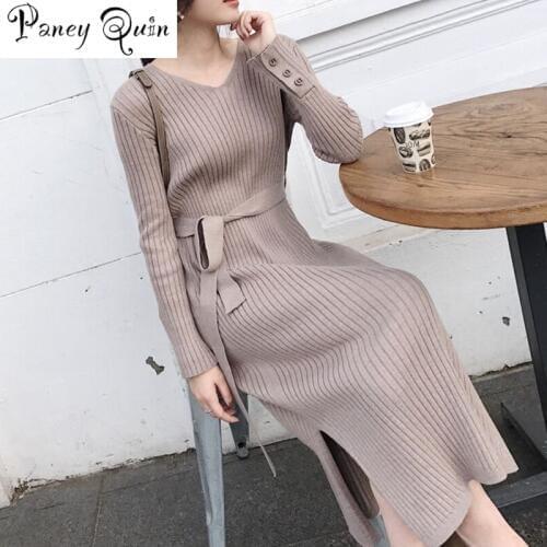 Winter Sweater Dress Women Elegant High Waist Plus Size Female Long Sleeve Knitted Dress Vestidos De Fiesta