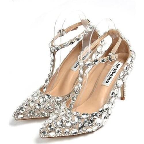 2020 Women Pumps Spring Fall Office Women Shoes Party Sequined Cloth Buckle Strap 9CM Thin High Heels Pointed Toe Rhinestones