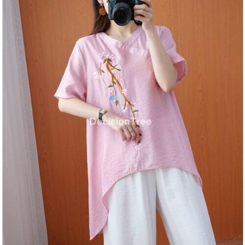 2021 cotton linen tang suit tops retro chinese national style clothes loose shirt half sleeve blouse female traditional shirts