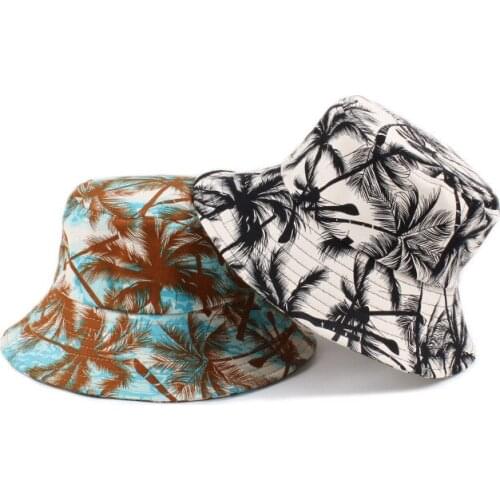 2021 New Unisex Fashion Summer Black White Coconut Tree Printed Fisherman Caps Bucket Hats Gorros Outdoor Men Women Panama Gift